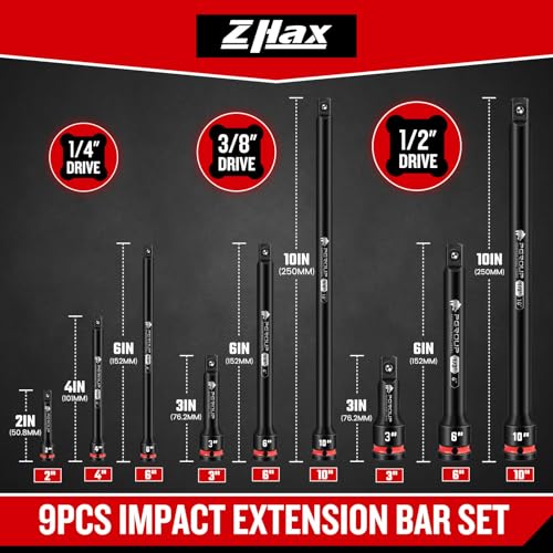 ZHAX 9 Pieces Impact Extension Bar Set, 1/4", 3/8" and 1/2" Drive Socket Extension, Embossed Size Marking, CR-MO Steel for Auto Repair 1/4"+3/8"+1/2" Drive
