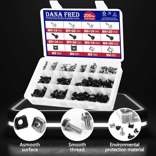 200pcs M6 Rack Screws Cage Nuts Kit,Cage Nut Mounting Screw Bolt Metric Square Hole Hardware for Rack Mount Server Shelves Cabinets Assortment Kit 304 Stainless Steel Black M5X16 M5X20 M6X16 M6X20