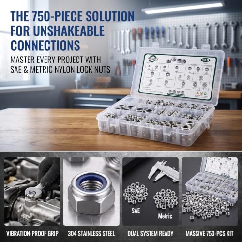 SAE & Metric Nylon Insert Lock Nuts Kit (750Pcs), Lock Nuts Assortment Kit SAE & Metric 750PCS