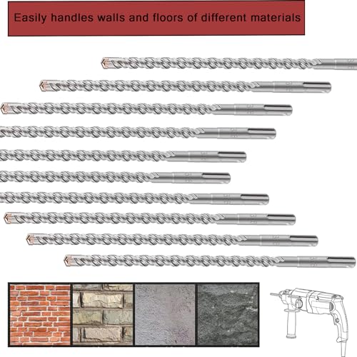 10pcs SDS Plus 3/8 in. x 12 in. Rotary Hammer Drill Bit Kit, Cross-Type Double Thread Carbide Concrete Drill Bit for Stone, Brick, Masonry, Cement Walls