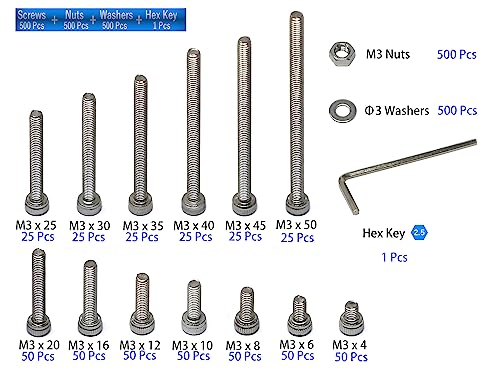 iexcell 1500 Pcs M3 x 4/6/8/10/12/16/20/25/30/35/40/45/50 Stainless Steel 304 Hex Socket Head Cap Screws Blots Nuts Washers Assortment Kit M3 x 4/6/8/10/12/16/20/25/30/35/40/45/50mm