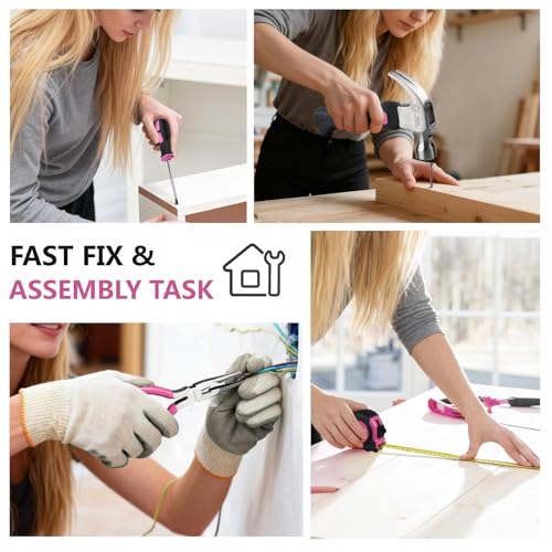 Pink Tool Set | Tool Bag for Women with Shoulder Strap | Basic Tool Kit|21Pcs Tool Pouch with Zipper|Portable Tool Bag with Tools for Home|Dorm|Office|DIY|Desk|Apartment Pink