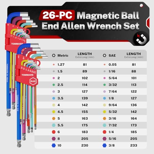 TOMMARS 26-PC Allen Wrench Set, Magnetic Ball End, T-Handle & Color Coded 26-PC Metric & SAE