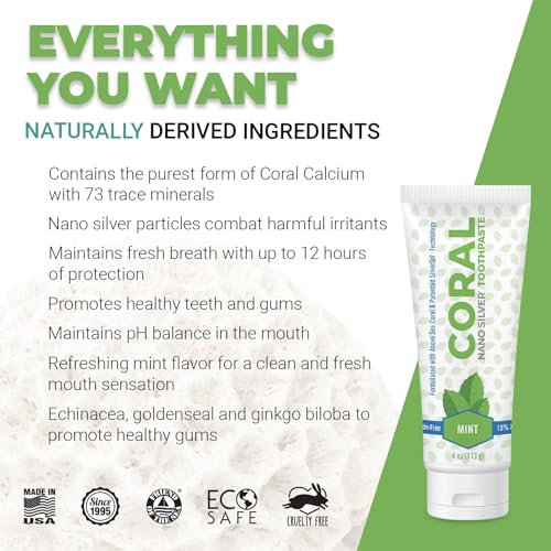 Coral White Nano Silver Mint Toothpaste, Natural Fluoride Free Teeth Whitening Toothpaste, Coral Calcium Nano Silver Infused SLS, Glycierin Free 4 Ounce (2 Pack) 4 Ounce (Pack of 2)