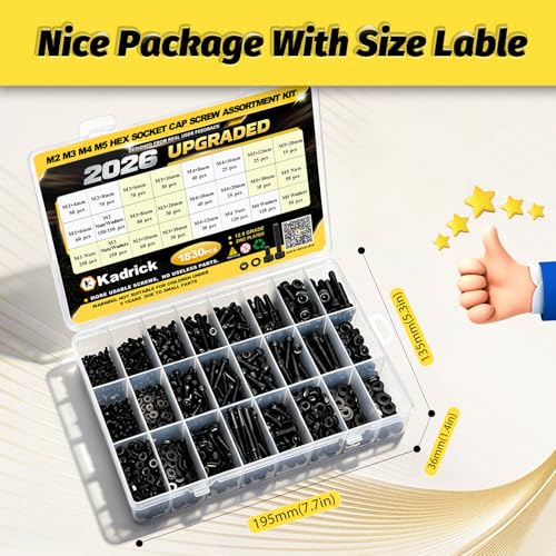 KADRICK 1830PCS M2 M3 M4 M5 Metric Screws Assortment,Hex Socket Head Cap M2-M5 1830Pcs