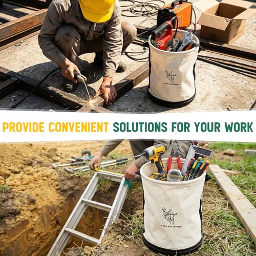 1 Pack 15" x 12" Canvas Tool Bucket Bag, Heavy Duty 150 Lbs Load Capacity, Truck Tool Organizer with Plastic Bottom Metal Hook for Linemen Electricians & Construction Workers (White) White 1