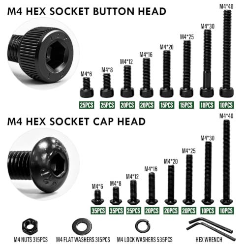 Sutekus 1260Pcs M4 Screws Kit, 12.9 Grade Carbon Steel Black Oxide Hex Socket Button & Cap Head Bolts, Metric Assortment with Nuts Flat Washers Lock Washers, 6-40mm