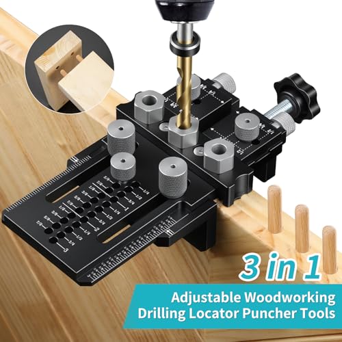Dowel Jig Kit for Perfect Wood Joints, Self Centering Doweling Jig with 1/4 3/8 1/2 Drill Bushings & Bits, Woodworking Hole Drilling Guide for Cabinet Furniture DIY
