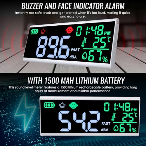 Decibel Meter 13 inches 30~130dB Sound Level Meter, Large LCD Display Wall Hanging Sound Gauge, Noise Level Detector, Decibel Monitoring Device, Time, Temperature, Humidity for Studio Classroom Home