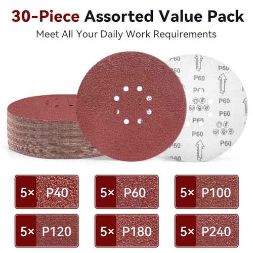 9 Inch 8 Hole Sanding Discs 30 Pack, 5 Pcs Each 40 60 100 120 180 240 Grit 8 hole 40/60/100/120/180/240 Grit