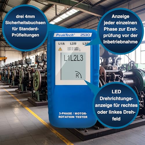 PeakTech 3-phase direction indicator, rotary field tester with LCD display, 1 piece, P 2530