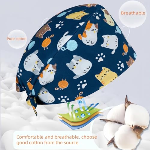 Women's Surgical Cap - Work Hat with Cat Motif, Fabric Surgical Cap with Tie, Surgical Caps for Clinic Practice Care PatternA