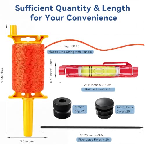 String Line Level with 20 Fiberglass Rods, Mason Line String with Handle