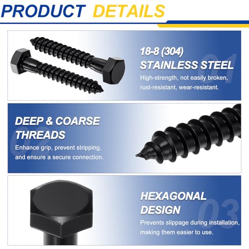 50Set Hex Head Lag Screw W/Washer&Driver Bit 5/16" x1-1/4 304SS Black 5/16"x1-1/4" 50
