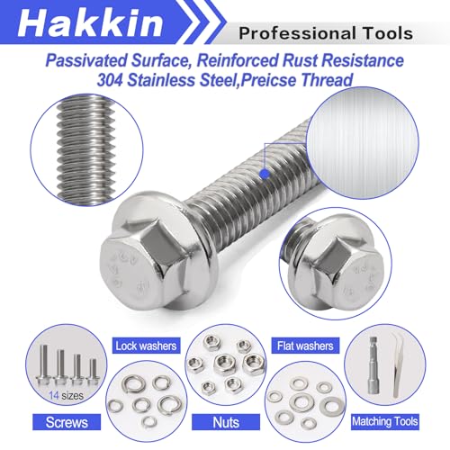 300pcs M5 M6 M8 Flanged Hex Head Bolts and Nuts Assortment Kit (10mm to 35mm), M5-0.8 M6-1.0 M8-1.25 Metric Nuts Screws Flat & Lock Spring Washer 304 Stainless Steel, Hex Socket Included