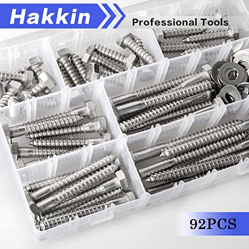 5/16" Hex Lag Bolts Screws Washer Assortment Kit 1" 1-1/4" 1-1/2" 2" 2-1/2" 3" 3-1/2" 4",92Pcs Stainless Steel Lag Screws,Heavy Duty Hexagon Head Lag Bolt Wood Screws Washer Kit by Hakkin C 5/16-18 (92PCS)