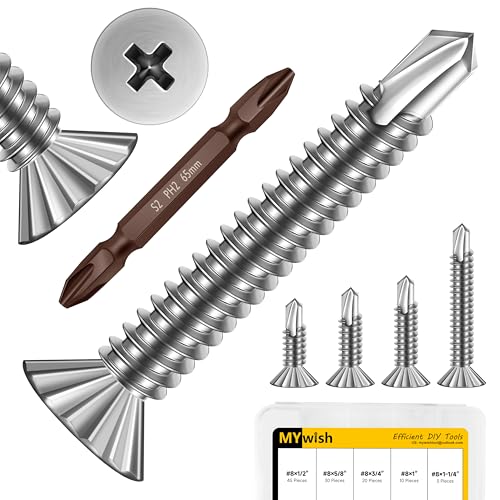 Mywish (150Pcs) #10 x 1-1/2" Self Tapping Screws & 110Pcs #8 Flat Head Sheet Metal Screws Assortment Kit, 410 Stainless Steel Self Tapping Screws Self-Drilling Screw for Metal Aluminum, Windows, Ceili
