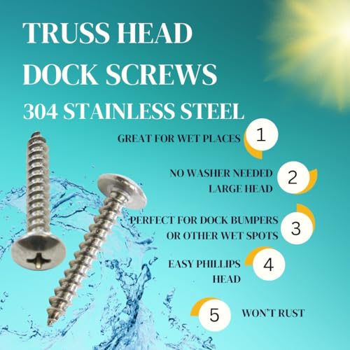 180 Piece Truss Head Stainless Steel Screw Set for Dock Bumper Installation Marine Grade 10 x 1-1/4 Inches SS 180