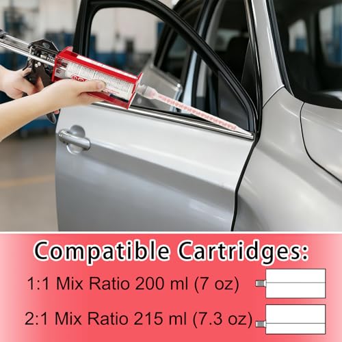 200ml Dual Cartridge Epoxy Gun, 1:1 & 2:1 Ratio Manual Adhesive Applicator for 2-Part Epoxy, Dual Component Glue, Panel Bonding, Structural Repairs, Fillers, and Plastic Repair Red