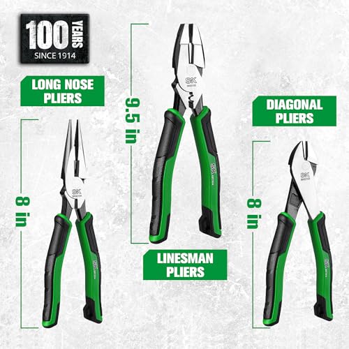 SK Pliers Set, 9.5'' Linesman, 8'' Diagonal & Needle Nose Pliers, 3-Piece 3-Piece Pliers Set