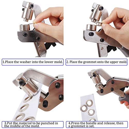 KING PIECES Grommet Tool Kit Handheld Hole Punch Pliers Portable Grommet Hand Press Machine Manual Puncher w/ 500pcs+1000pcs Silver Grommets of 3/8 Inch (10mm)