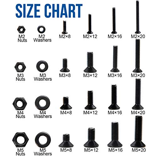 NINDEJIN M2 M3 M4 M5 Carbon Steel Hex Socket Head Cap Screw Bolts & Flat Washers & Nuts Assortment Kit (Socket Head + Flat Head)