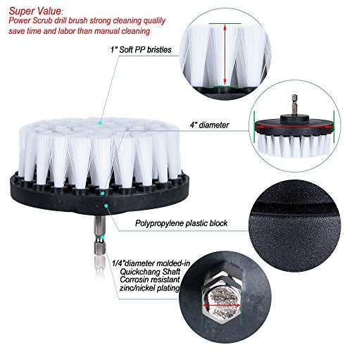 HIFROM Drill Brush - 4 inch Power Drill Attachment Soft Bristle White Quick Change Shaft Scrub Cleaning Brush for Carpet, Upholstery, Leather, Glass (White)