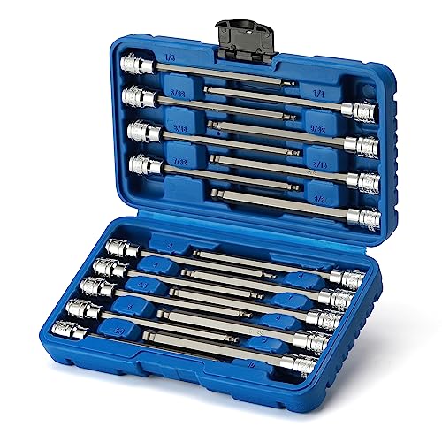 EMENTOL 18PCS 3/8" Drive Long Ball-End Hex Bit Socket Set, CR-V, S2 Steel, SAE/Metric, Extra Long Allen Bit Socket Set, 1/8 Inch - 3/8 Inch, 3mm - 10mm