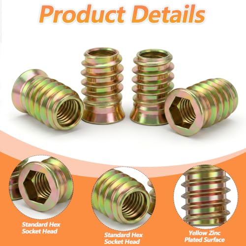 100 Pcs Screw Inserts 3/8-16 x 1 Inch, Carbon Steel Threaded Inserts for Wood Furniture, Hardware Nuts Assortment Kit with 2 Hex Wrenches, Zinc Plated Wood Nut Insert for Soft & Hard Projects