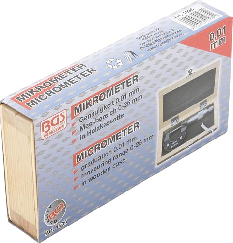 BGS 1935 Micrometre in Wooden Case, Silver | For gear shifting discs | For valve adjustment plates (Shim) Outside micrometer
