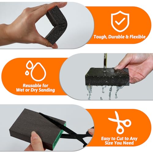 9 Piece Sanding Sponges Set Grit 40/60/80/120/220 Wet and Dry Sandpaper Fine for Wood Car Metal Paint Walls Glass Soft Pad Wet Sandpaper Sanding Block Emery Paper Mix