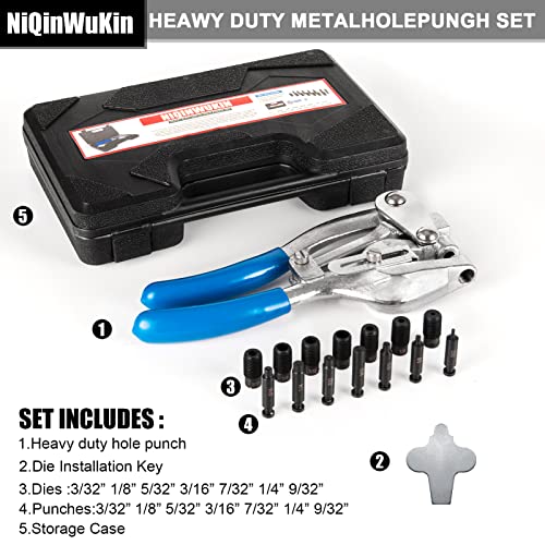 Metal Hole Punch Tool Set - Professional Heavy Duty Hole Punch for Metal - Hand 3/32in to 9/32in for Aluminum, Brass and Steel Sheet with Storage Box - Blue