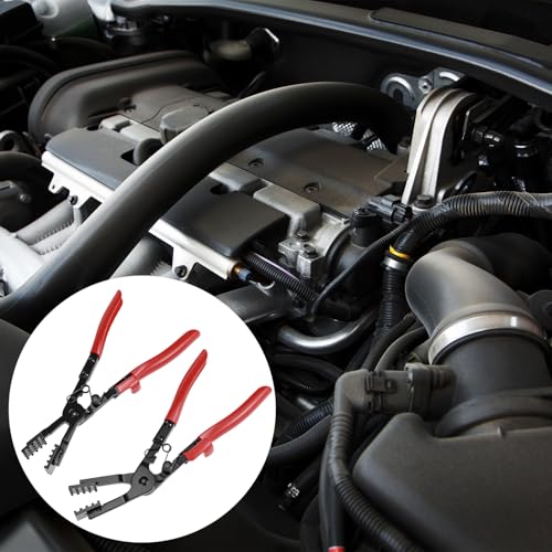 QWORK 2Pcs Multi-Angle Hose Clamp Plier Set, Heavy Duty Locking Hose Clamp Tool for Automotive Fuel Coolant Oil Pipe, Reinforced Carbon Steel Spring Button Pliers for Rusted Aging Clamps