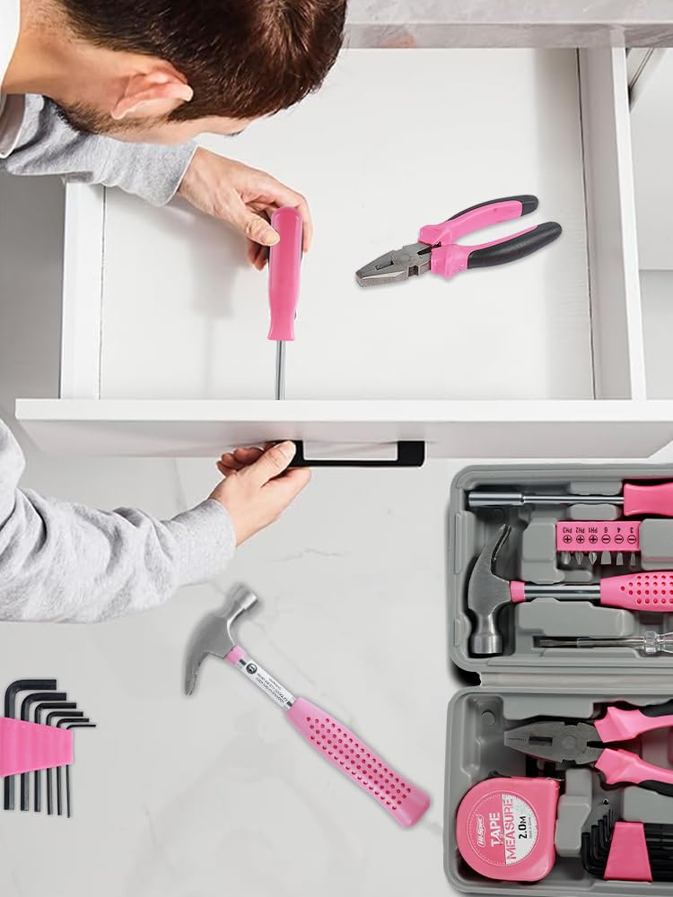 48Pcs Household Repair Tool Kit Multi-Purpose Pink Home Hand Tool Set with Case Hammer and Allen Key Set with Electrical Tape Screwdriver Test Pen Plier Bits 48