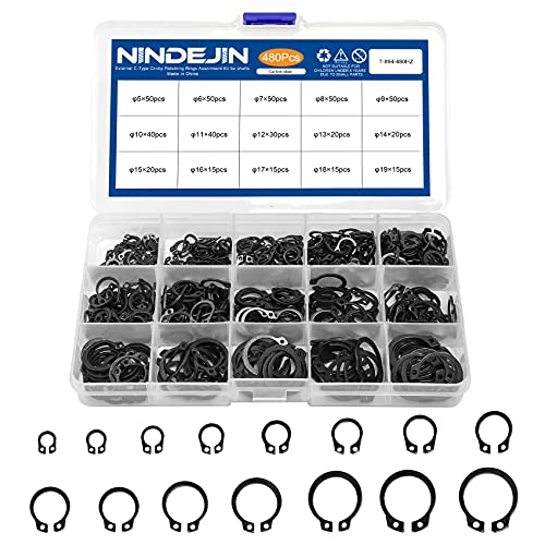 NINDEJIN 480Pcs C-clip Retainer Rings Snap Rings Assortment Kit + 395Pcs E-clip Retaining Rings Assortment Set (Carbon Steel)