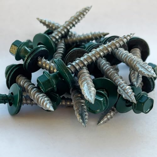 Metal Roofing Screws - #10 x 1.5” – Self Tapping Hex Head - EPDM Rubber Washer-for Metal to Wood, Corrugated, Siding, Sheds, Pancake Screw - ¼” Hex Drive Easy Installation - Green - Screws (250) 250