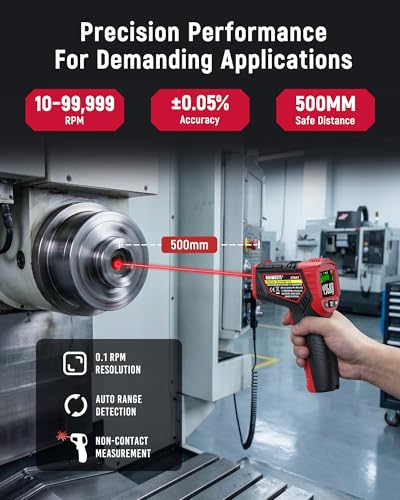 KAIWEETS Laser Tachometer Digital RPM Meter Non Contact Motor Speed Tester 10-99999 RPM, Handheld Tachometer with Large LCD Display, Max Min Memory, Reflective Tape for Engines Motors Fans