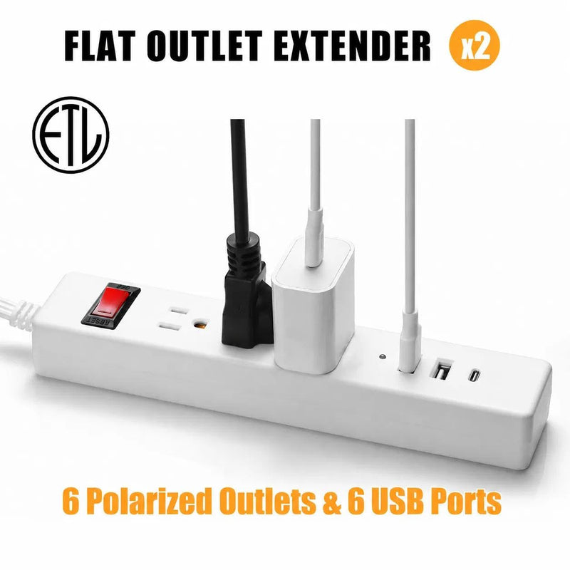 Twin Extension Cord - 20 FT Split Extension Cord, 6 Outlets and 6 USB Ports - Double Power Strip, 3 Prong and Flat Plug, for Behind Bed, Couch, Nightstands, Vanity, Furniture dual 10ft