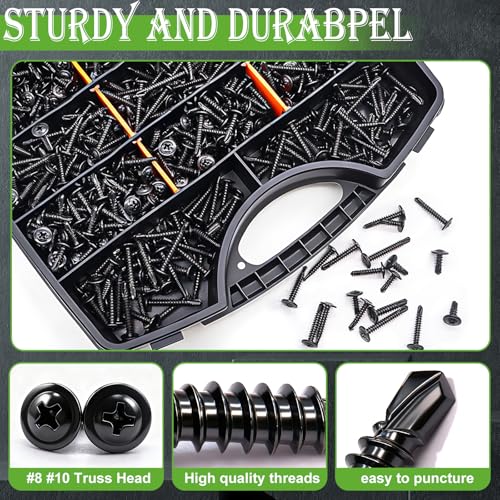 mxuteuk 1220PCS #8#10 Black Self Tapping Screws for Metal,410 Stainless Steel Self Drilling Screws,1/2" to 1-1/2" Truss Head Sheet Metal Screws for Metal,Plastic,Wood (610PCS Sets) BK 1220PCS #8 #10 Kit