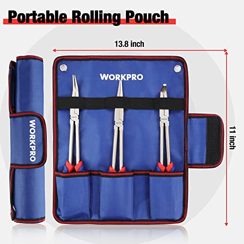 WORKPRO 3PC Long Reach Plier Set, 11" Straight, 90° & 45° Bent Nose Pliers
