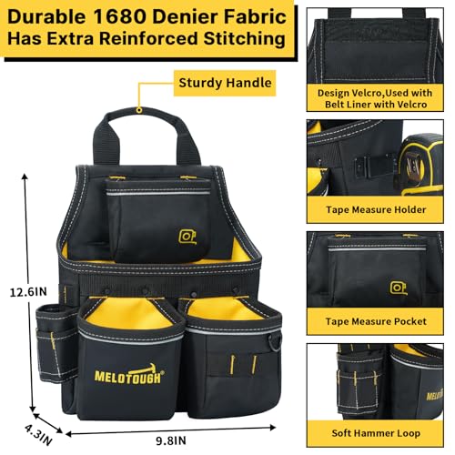 MELOTOUGH Tool Pouch with Belt, Electrician Tool Pouch with Detachable Hammer Holster for Electrician, Carpenter, Construction (Yellow)