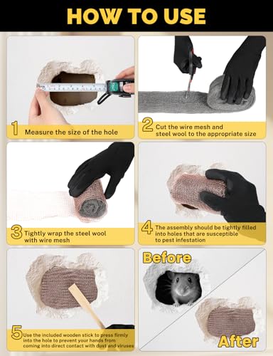 Steel Wool Mice Control - 4 Pack 3" x11 Ft Steel Wool 0000 & 1 Pack Wire Mesh with Wooden Stick & Gloves & Scissors, Upgrade 2in1 Match Mouse Hole Filler DIY Kit, Rodent Barrier Kit for House Garden