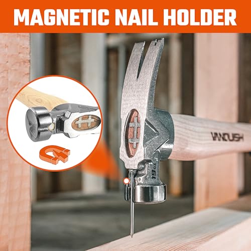 VANQUISH Framing Hammer 19 oz Curved Hickory Handle Straight Rip Claw 19oz Coated Hickory Handle