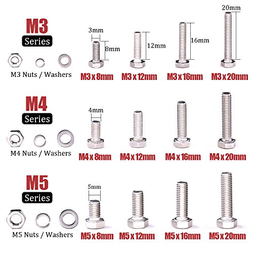 Hilitchi 705-Pcs M3 M4 M5 Hex Hexagon Head Cap Machine Screws Bolts Nuts Flat and Lock Washers Assortment Kit, 304 Stainless Steel, 8 to 20mm Length, Full Thread