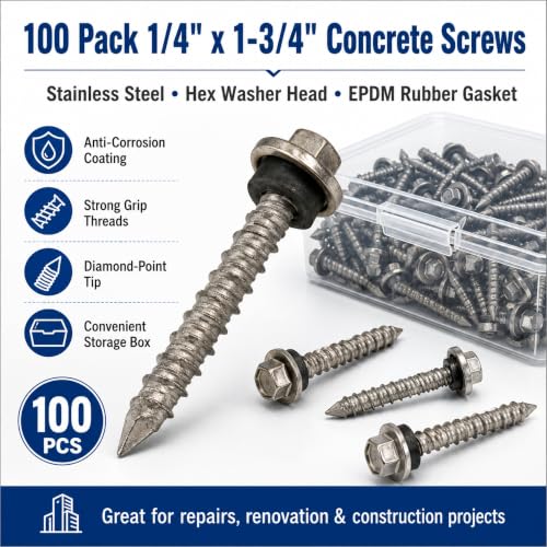 Fumete 100 Pack 1/4" x 1-3/4"Stainless Steel Hex Head Concrete Screws