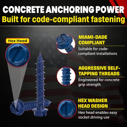 Hex Head Concrete Screw Anchor (3/16 x 1-1/4") 100 Pieces with Drill Bit (Miami-Dade Compliant) Chenango Supply 1.25 inches