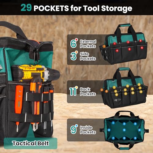 FamilyKit 17-Inch Heavy Duty Tool Bag for Men with 28 Multipurpose Pockets Black-Green Tool Bag