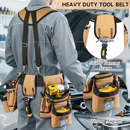 LEFOR·Z Tool Belt with Suspenders,27-Pockets Heavy Duty Tool Belts for Men Brown/Black