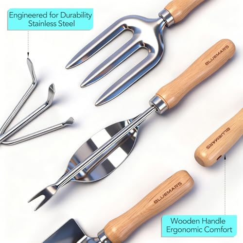 Bluemars Gardening Hand Tool Kit 14PCS Heavy Duty Stainless Steel Garden Tool Set with Floral Garden Tote -Outdoor Gardening Transplanting Gifts for Woman
