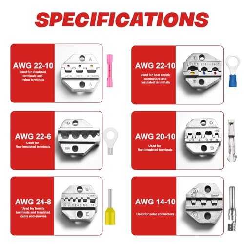 6Pcs Crimping Tool, Ratchet Wire Crimping Tool Set, for Heat Shrink, Insulated Nylon, Ferrule Wire End, Non-Insulated, Open Barrel Terminals, Solar Connectors, with Storage Box 6